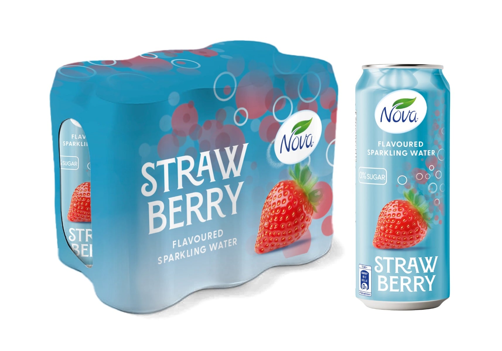 Nova Flavoured Sparkling Water, Strawberry, 250mL Shrink, 6 Cans